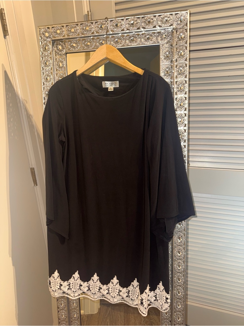 Soho Apparel Black Tunic Dress with White Lace Trim
